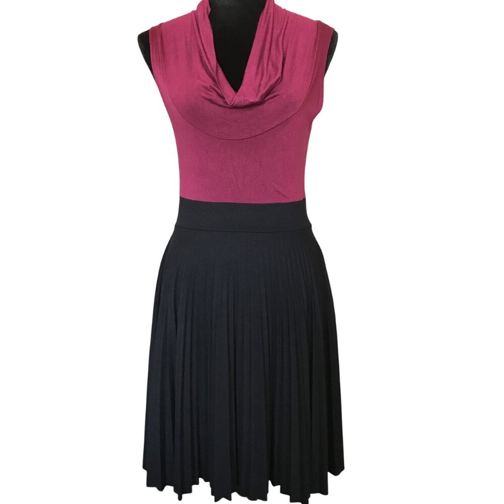 Pleated Dress Cowl Neck Plunge Color Block Soprano 2-Tone Raspberry Black M